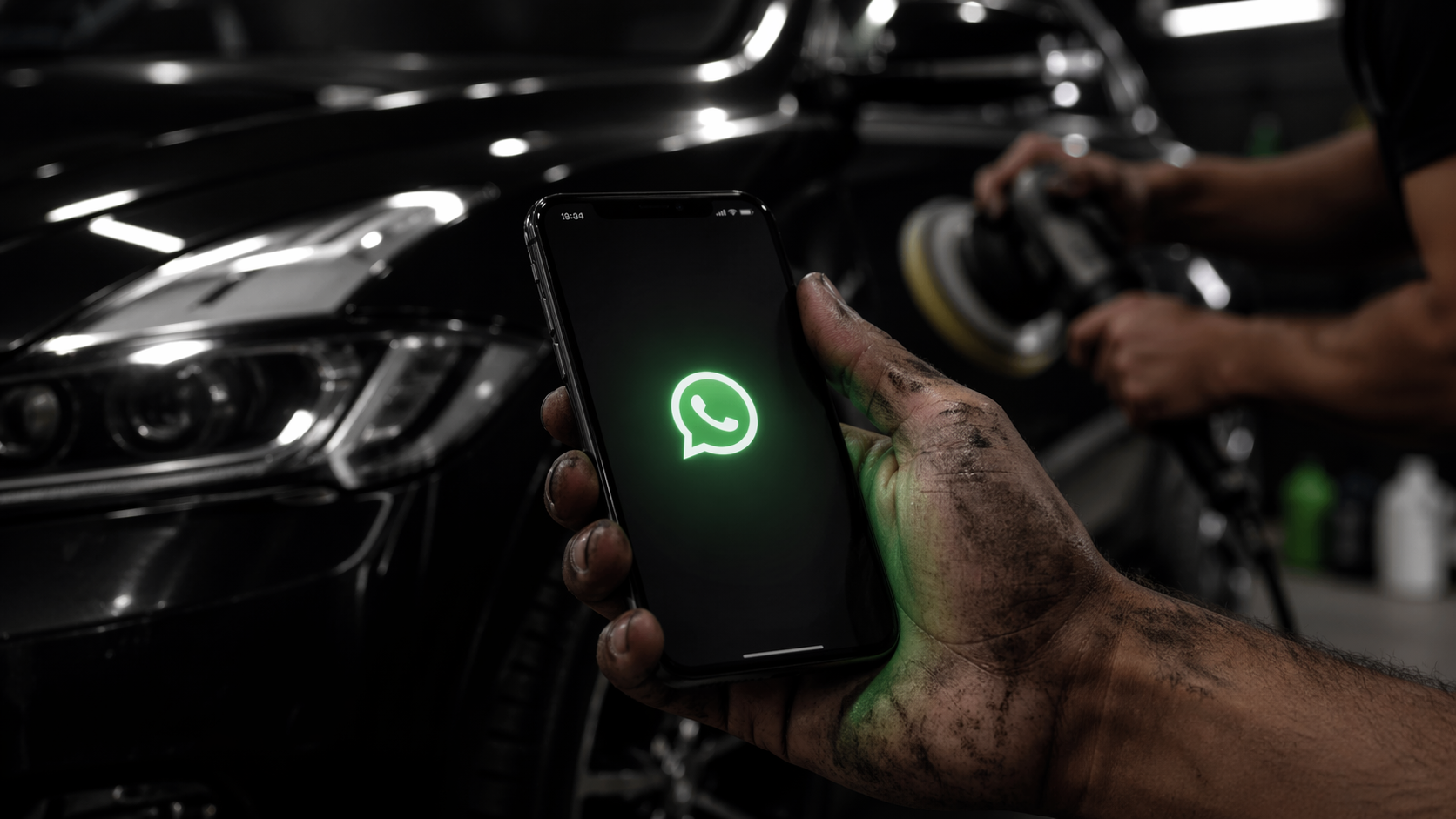 Mão de profissional de estética automotiva segurando celular com notificação do WhatsApp, politriz ao fundo