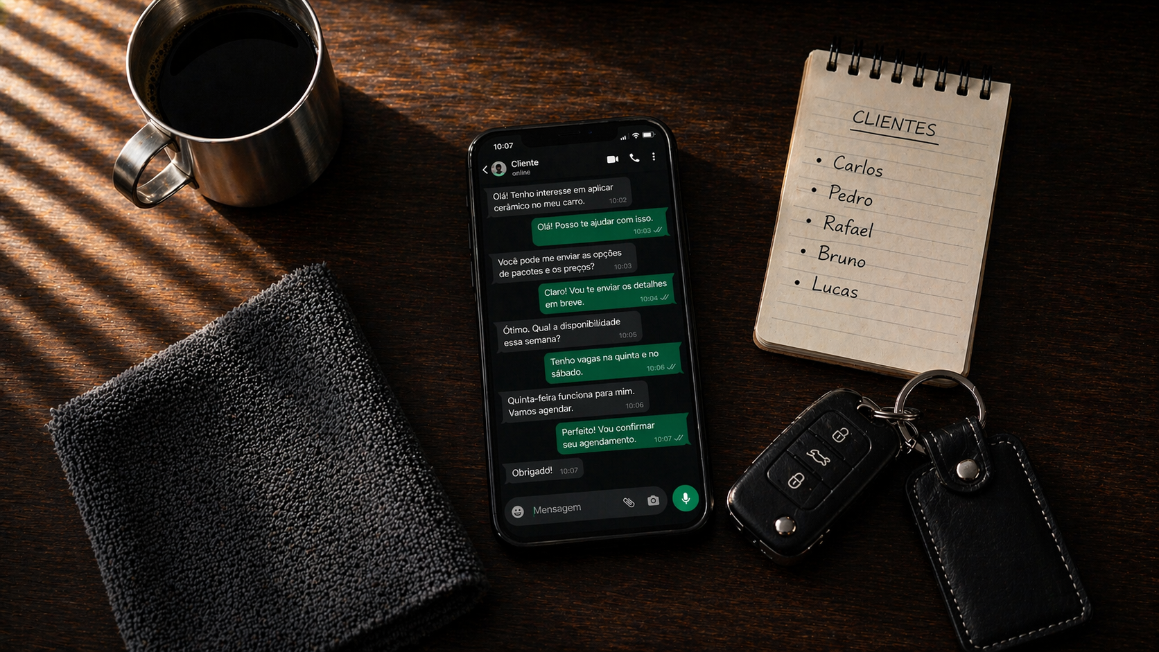 Flat lay de mesa de trabalho com smartphone mostrando conversa de WhatsApp, caderno de clientes e chaves de carro