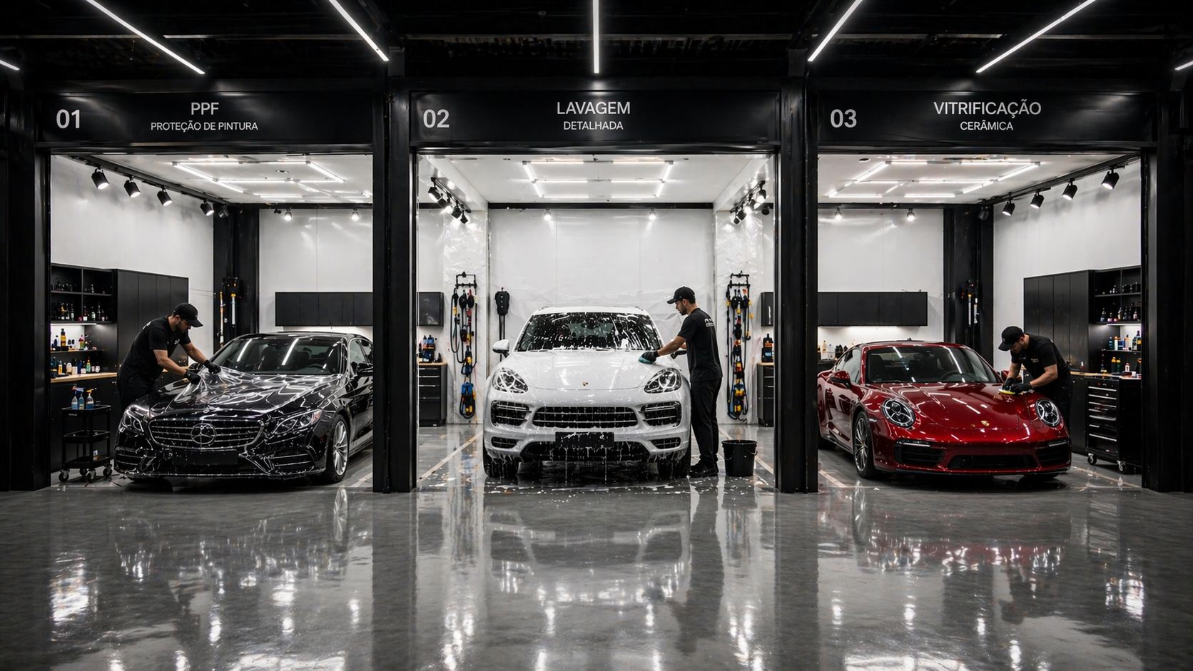Estética automotiva profissional com três boxes separados para diferentes serviços