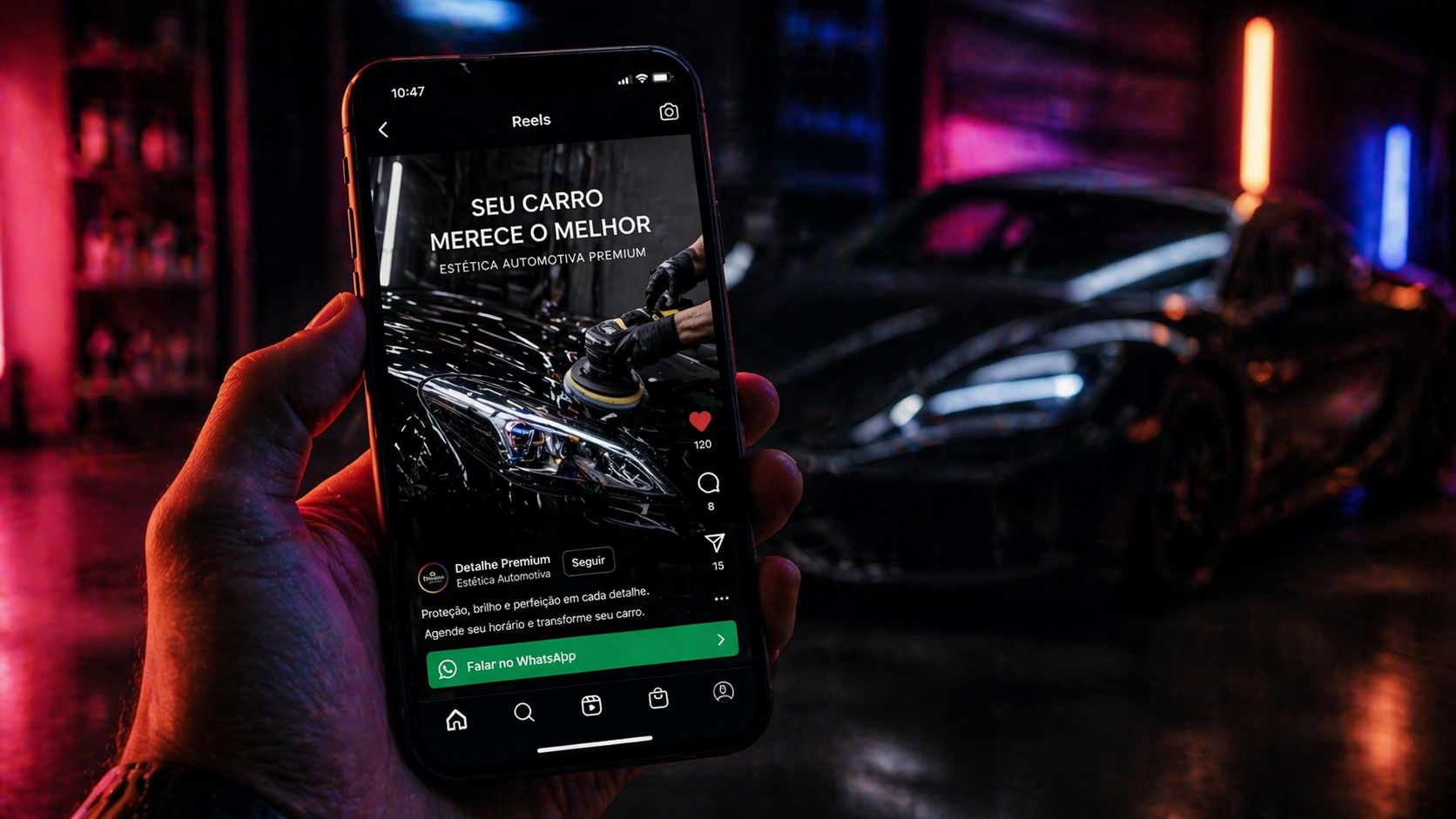 Celular exibindo anúncio do Instagram com botão Falar no WhatsApp, oficina ao fundo
